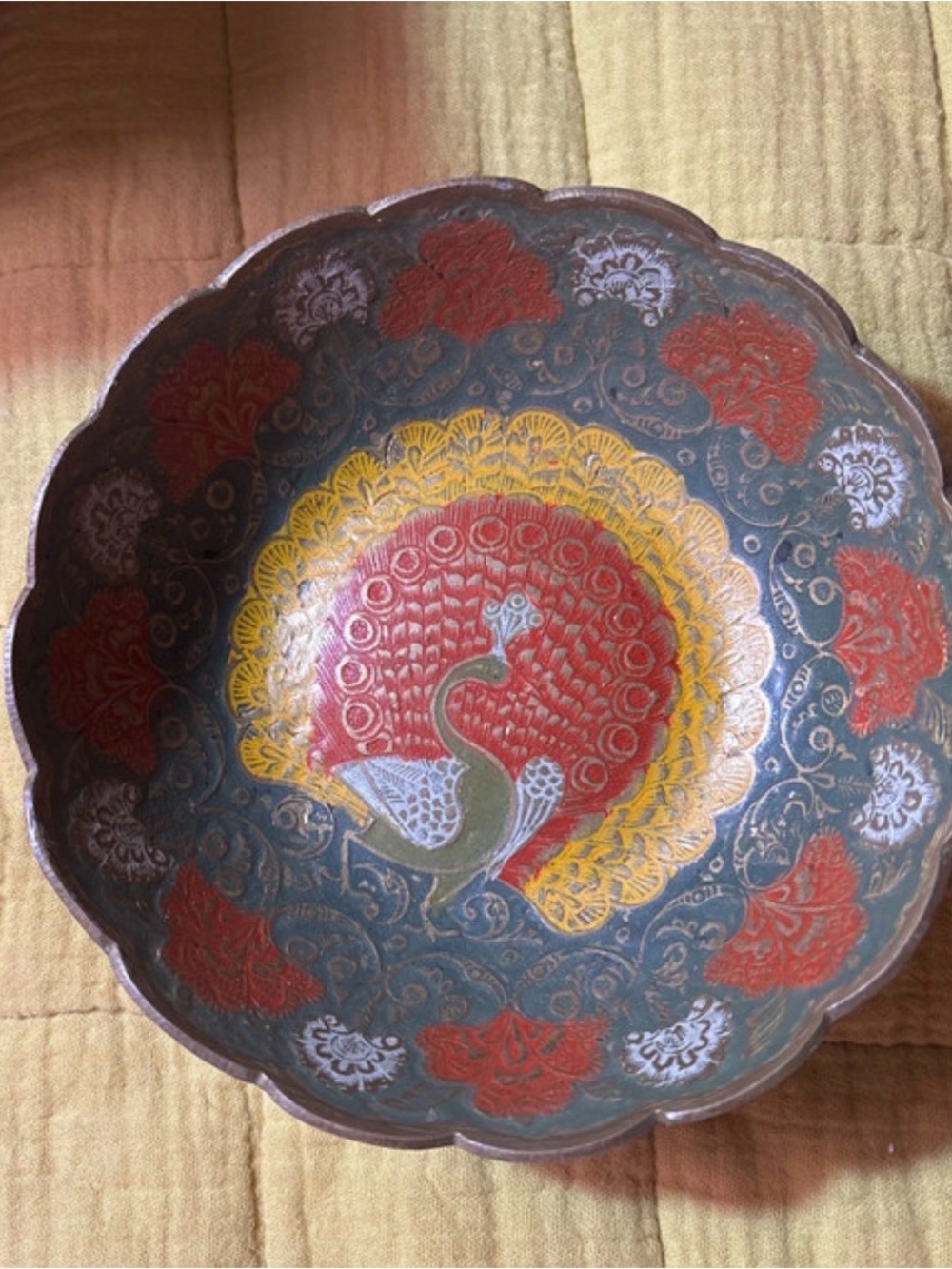 Hand-Painted Brass Peacock Decorative Bowl - Red, Yellow, Blue